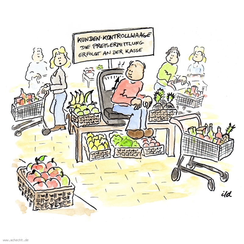 Cartoon: Kundenkontrollwaage: Waage, Kunde, Kontrolle, Supermarkt, Einkauf, Kaufen, Missverständnis