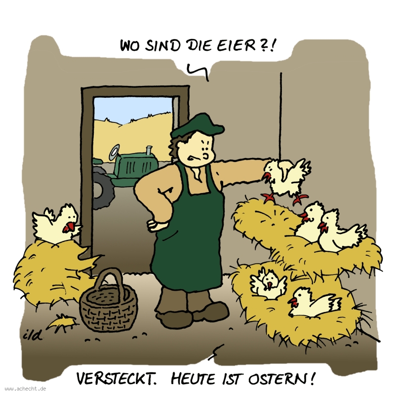 Cartoon: Wo sind die Eier: Ostern, Ostereier, Eier, Osterhase, Huhn, Hühner, Stall