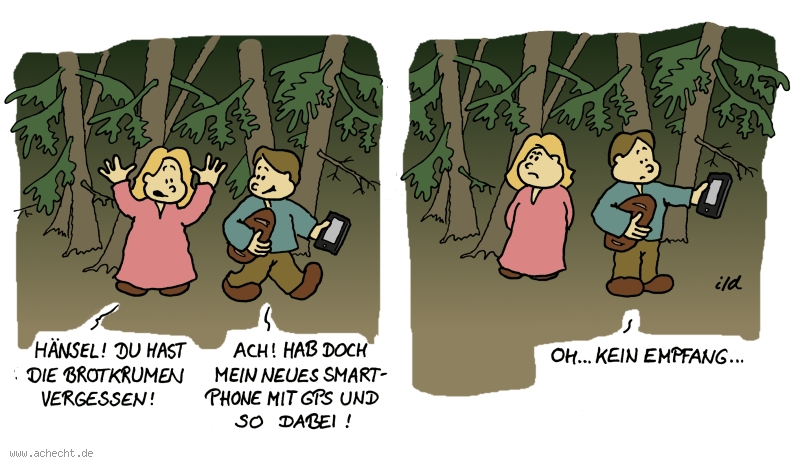 Cartoon: Brotkrumen vergessen: Hänsel, Gretel, Märchen, Navi, Navigationssystem, Orientierung, Brotkrumen