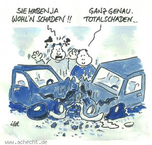 Cartoon: Totalschaden - Auto, Straße, Unfall, Autounfall, Schaden, Totalschaden, Versicherung, Wut, Einsicht, Blechschaden, Scherben, Verkehr, Wagen