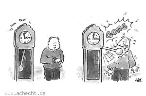 Cartoon: Gong - Gong, Uhr, Standuhr, Pendel, Schlag, Verletzung, Missgeschick, Pech