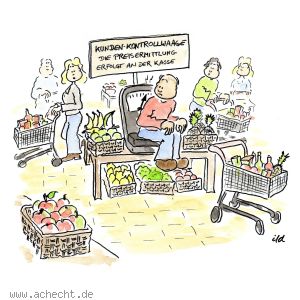 Cartoon: Kundenkontrollwaage - Waage, Kunde, Kontrolle, Supermarkt, Einkauf, Kaufen, Missverständnis