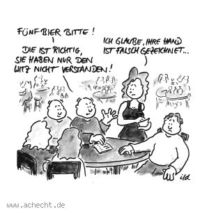 Cartoon: Fünf Bier - Bier, Kneipe, Restaurant, Gastronomie, Gast, Trinken, Bestellung, Missverständnis, Finger, Hand, Café