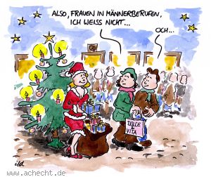 Cartoon: Frauen in Männerberufen - Weihnachten, Weihnachtsbaum, Weihnachtsmarkt, Mann, Frau, Beruf, Erotik, Männerberuf, Job, Gleichberechtigung