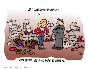 Cartoon: Die sind perfekt - Einkauf, Schuhe, kaufen, Kauf, Schuhkauf, anprobieren, Verkauf, Verkäufer, Schuhladen, Frau, Schuhtick, Shopping