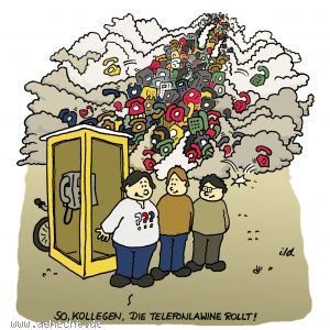 Cartoon: Die Telefonlawine rollt - Drei Fragezeichen, ???, Fall, Telefon, Lawine, Detektiv, Krimi