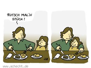Cartoon: Rutsch mal'n Stück - Familie, Vater, Kind, Missverständnis, Eltern, essen, Restaurant, Gastronomie