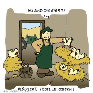 Cartoon: Wo sind die Eier - Ostern, Ostereier, Eier, Osterhase, Huhn, Hühner, Stall