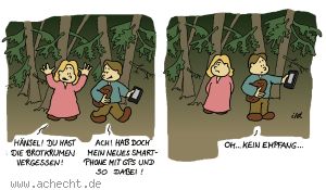 Cartoon: Brotkrumen vergessen - Hänsel, Gretel, Märchen, Navi, Navigationssystem, Orientierung, Brotkrumen