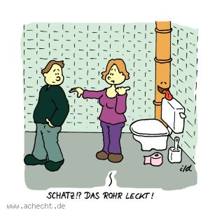 Cartoon: Das Rohr leckt - Rohr, Bad, Handwerker, Installation, Installateur, Wasser, Reparatur
