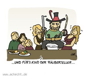 Cartoon: Räuberteller - Räuberteller, Räuber, Hotzenplotz, Familie, Restaurant, Gastronomie, Essen, Kind, Eltern