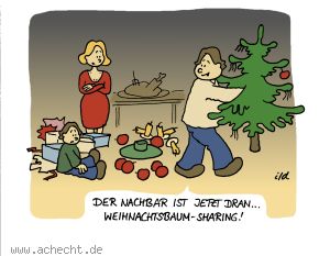 Cartoon: Weihnachtsbaumsharing - Weihnachten, Weihnachtsbaum, Sharing, teilen, Eltern, Familie