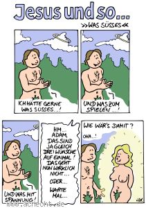 Cartoon: Was süßes - Jesus, Gott, Religion, Adam, Eva, Überraschungsei, Überraschung, spielen, süß, Mann, Frau, Paradies, Beziehung