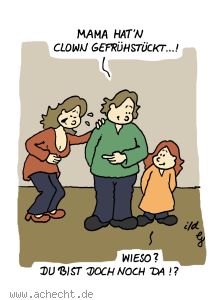 Cartoon: Clown gefrühstückt - Clown, Frühstück, Missverständnis, Scherz, Mann, Frau, Familie, Kind