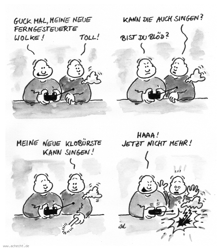 Cartoon: Ferngesteuerte Wolke: Wolke, Wetter, Spiel, Klobürste, Singen, Blitz, Fernsteuerung, Neid, Missgunst