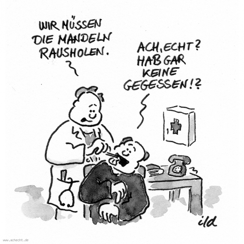 Cartoon: Mandeln raus: Mandeln, Raus, Medizin, Gesundheit, Wissen, Missverständnis, Arzt, Patient, Entzündung, Essen, Operation, Beratung, Untersuchung, Krankheit, Krank, Eiter