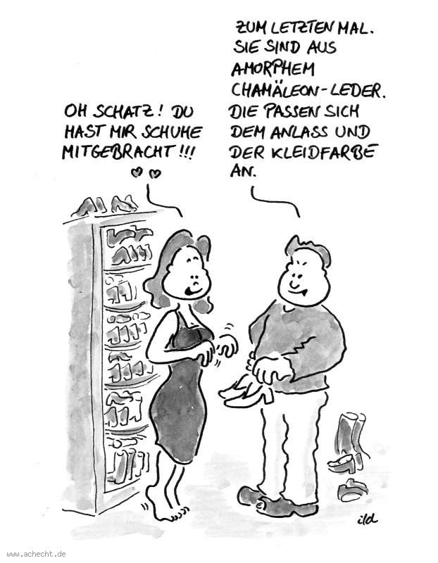 Cartoon: Schuhe migebracht: Schuh, Kauf, Einkauf, Shopping, Schuhtick, Mann, Frau, Chamäleon, Leder, Mitbringen, Geschenk, Schenken, Anpassung, Fuß, Beziehung, Farbe