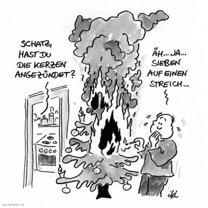 Cartoon: Sieben auf einen Streich: Weihnachten, Weihnachtsbaum, Baum, Kerze, Feuer, Anzünden, Missgeschick, Mann, Positives Denken