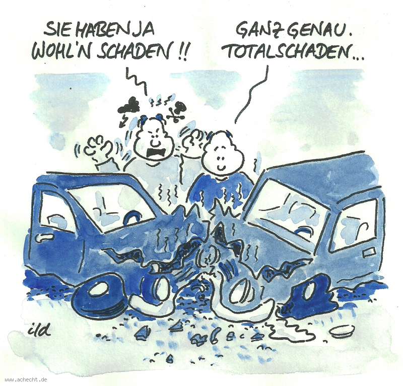 Cartoon: Totalschaden: Auto, Straße, Unfall, Autounfall, Schaden, Totalschaden, Versicherung, Wut, Einsicht, Blechschaden, Scherben, Verkehr, Wagen