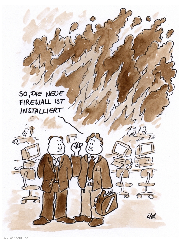 Cartoon: Firewall: Computer, Rechner, IT, Technik, Administration, Installation, Firewall, Sicherheit, Security, Beratung, Support, Feuer, Benzin, Kanister