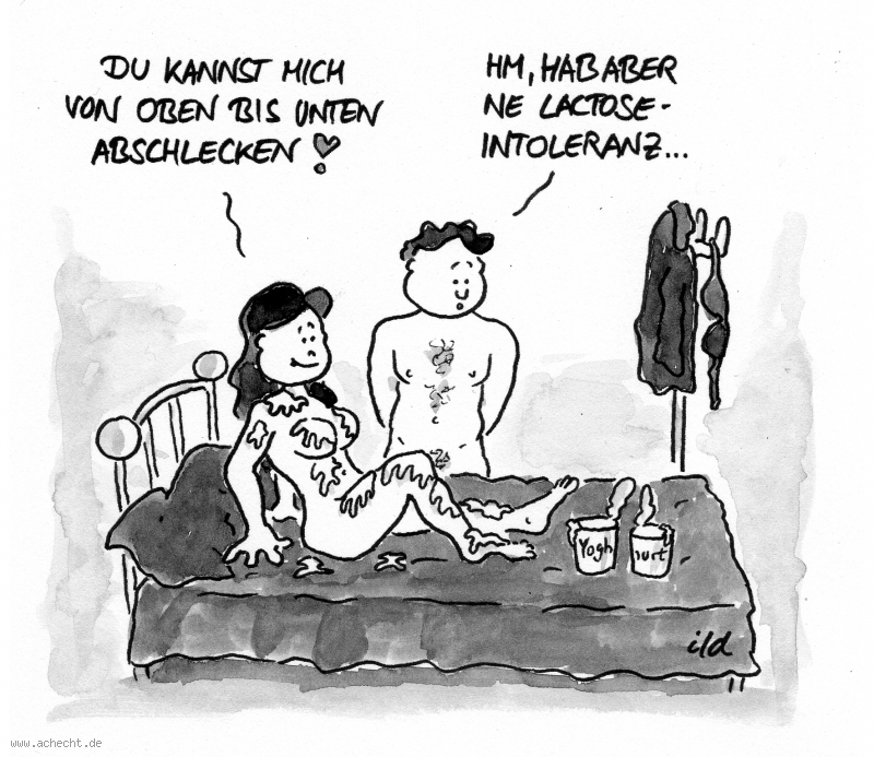 Cartoon: Lactose-Intoleranz: Liebe, Lactose, Intoleranz, Allergie, Milch, Sex, Erotik, Bett, Mann, Frau, Partnerschaft, Beziehung, Gesundheit