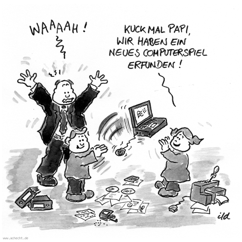 Cartoon: Neues Computerspiel: Computer, Rechner, IT, Spiel, Notebook, Laptop, Kind, Kinder, Familie, Vater, Computerspiel, Technik, Fantasie