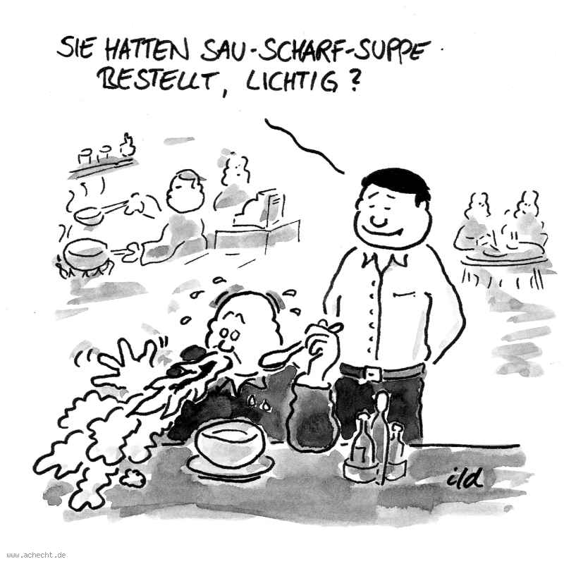 Cartoon: Sau-Scharf-Suppe: Scharf, Suppe, Restaurant, Gastronomie, China, Chinese, Essen, Würzig, Feuer, Feurig, Sprache, Missverständnis, Bestellung, Bestellen