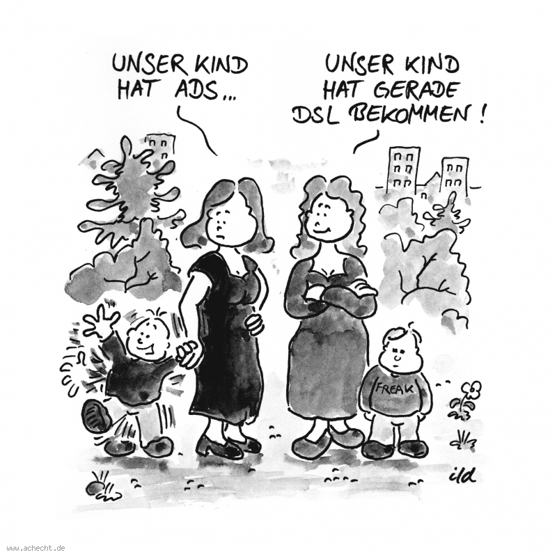 Cartoon: ADS: ADS, ADHS, Hyperaktivität, Hyperaktiv, Kind, Eltern, Erziehung, Mutter, Familie, DSL, Freak, Spielzeug, Computer, Aufmerksamkeit, Störung, Defizit, Syndrom, Medizin, Psychologie, Gesundheit, Kinder, Missverständnis, Computer, Technik, Spielzeug, Spiel, Geschenk, Erschöpfung, Fatigue, Energie