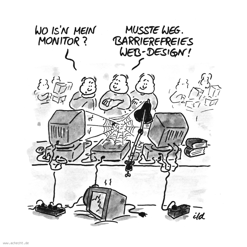 Cartoon: Barrierefreies Webdesign: Computer, Rechner, IT, Technik, Barrierefrei, Web, Design, Webdesign, Barrierefreiheit, HTML, JavaScript, Spinne, Netz, Monitor, Anzeige, Display, Programmierung, CSS, Cascading Style Sheet