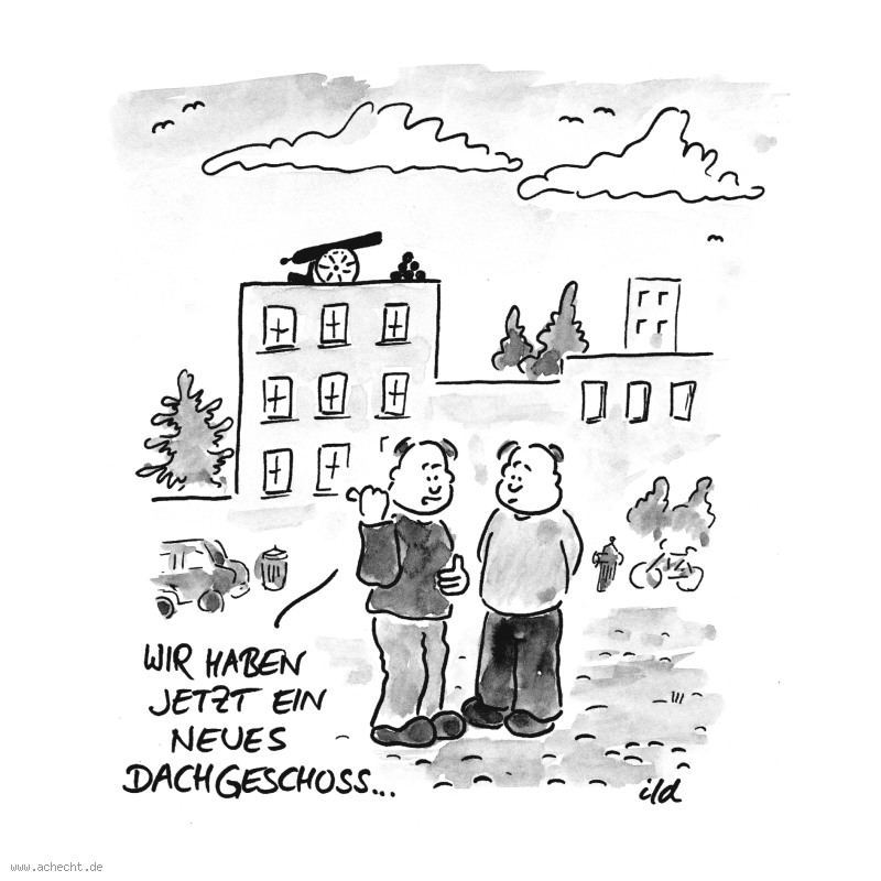 Cartoon: Neues Dachgeschoss: Dachgeschoss, Geschoss, Kanone, Dach, Aufstocken, Wohnraum, Rüstung, Aufrüstung, Wohnung, Miete