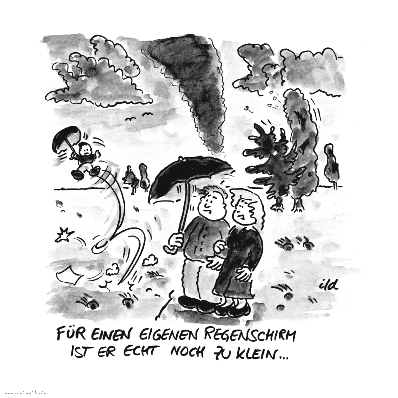 Cartoon: Eigener Regenschirm: Regen, Regenschirm, Schirm, Fürsorge, Kind, Flug, Fliegen, Paragliding, Missgeschick, Eltern, Herbst, Wind, Sturm, Orkan