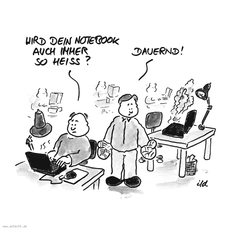 Cartoon: Heißes Notebook: Computer, Rechner,  IT, Technik, Notebook, Laptop, Hitze, heiß, Verband, Gesundheit, Medizin, Problem, Prozessor, Belüftung, Lüfter