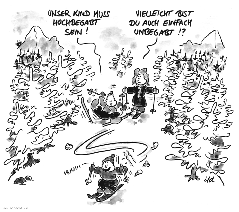 Cartoon: Hochbegabt: Kind, Eltern, Hochbegabt, Begabung, Schule, Können, Unbegabt, Ski, Winter, Fahren, Berge, Berg, Urlaub, Reise, Familie