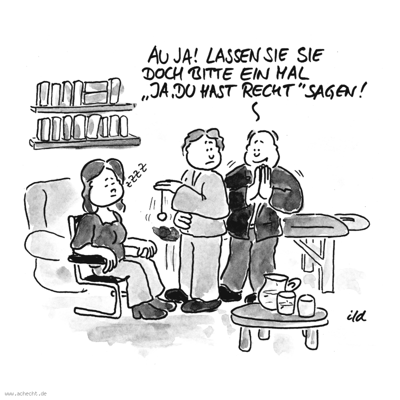 Cartoon: Hypnose: Hypnose, Beziehung, Ehe, Therapie, Psychotherapie, Problem, Macht, Recht, Pendel, Paar, Mann, Frau, Therapeut