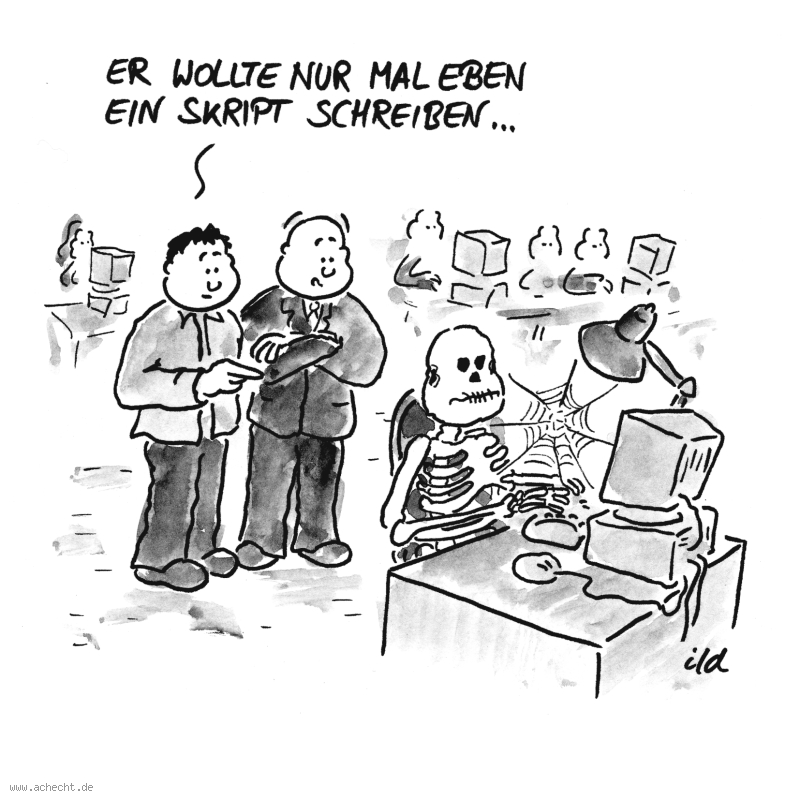 Cartoon: Mal eben ein Skript schreiben: Computer, Rechner, Programmierung, Programm, JavaScript, Java, PHP, Perl, Script, Skript, HTML, CSS, Webdesign, Design, Web