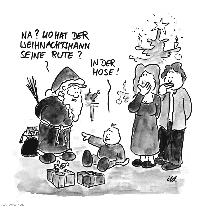 Cartoon: Rute: Rute, Weihnachten, Weihnachtsmann, Kind, Eltern, Feier, Geschenk, Schenken, Sexualität, Aufklärung, Geschlechtsteil, Erziehung, Begriff, Sprache, Penis, Mann