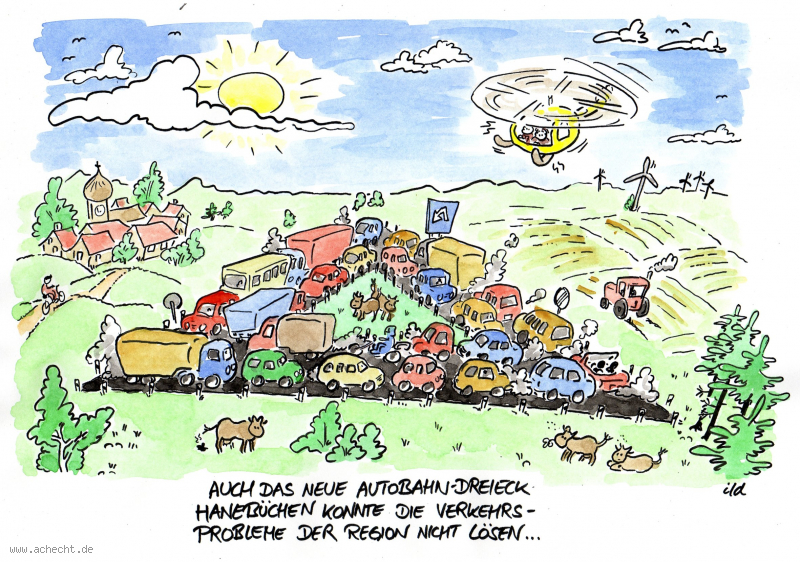 Cartoon: Autobahndreieck: Autobahndreieck, Auto, Autobahn, Dreieck, Umwelt, Landschaft, Verkehr, Planung, Verkehrsplanung, Kompetenz, Politik, Verkehrspolitik, Stau, Straße, Urlaub