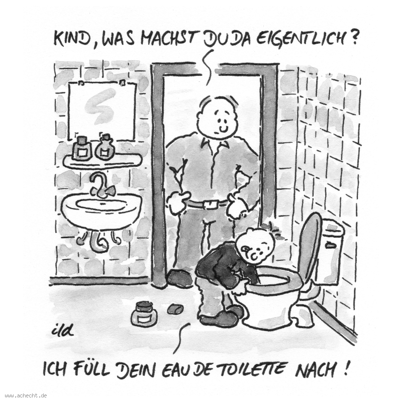 Cartoon: Eau-de-toilette: Eau-de-toilette, Toilette, Klo, Nachfüllen, Auffüllen, Parfüm, Parfum, Vater, Mann, Kind, Streich, Scherz, Missverständnis