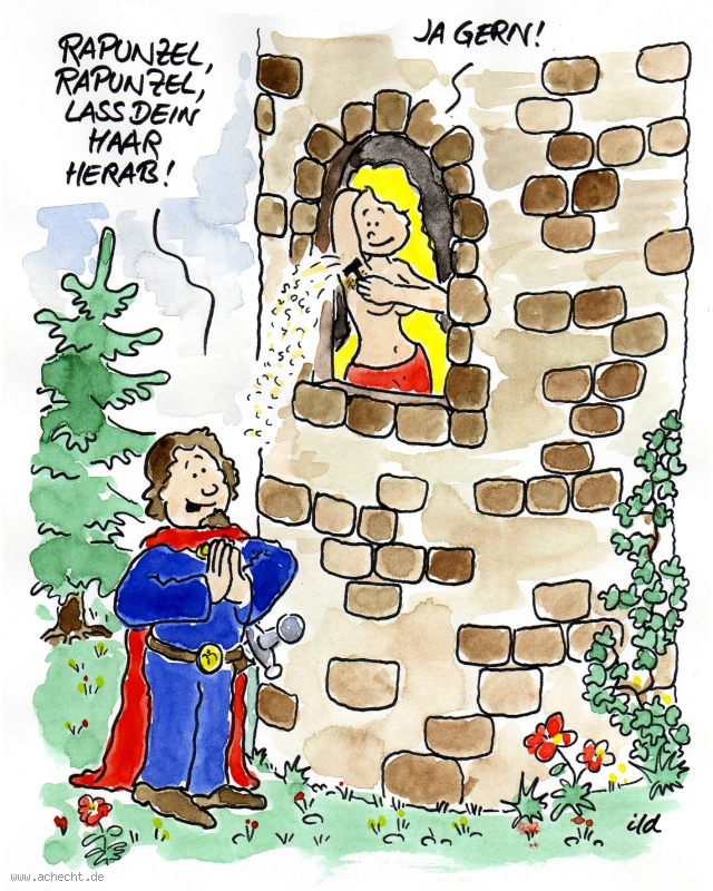 Cartoon: Rapunzel: Rapunzel, Märchen, Haar, Turm, Fantasy, Begehren, Ruf, Liebe, Beziehung, Rasur, Rasieren, Achsel, Haare, Schönheit, Beauty, Schönheitsideal, Prinzessin, Verehrer, Missverständnis, Anziehung, Kosmetik, Frau, Mann