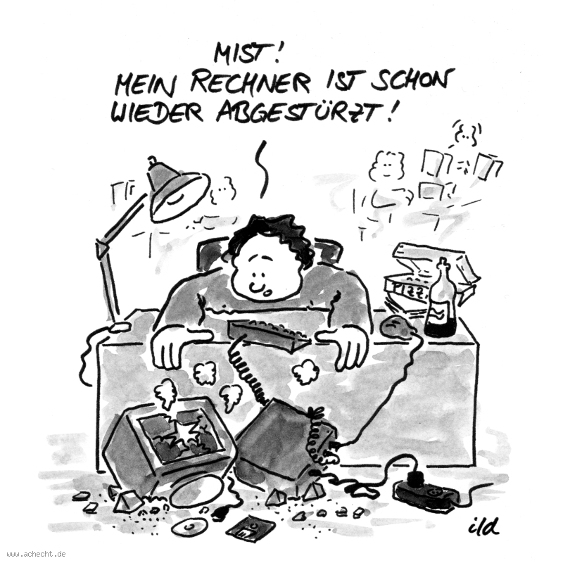 Cartoon: Rechner abgestürzt: Computer, Rechner, Absturz, IT, Monitor, Bildschirm, Schreibtisch, Unfall, Missgeschick