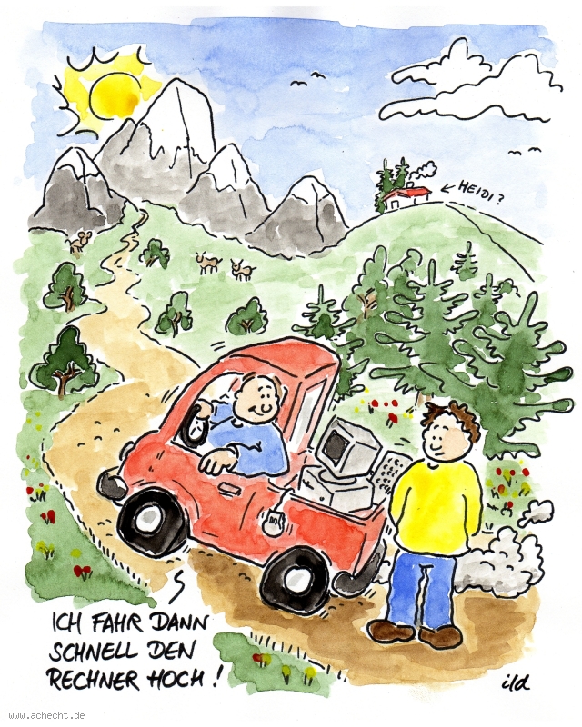 Cartoon: Rechner hoch fahren: Rechner, Computer, Landschaft, Auto, Booten, Hochfahren, Sprache, Begriff, Wagen