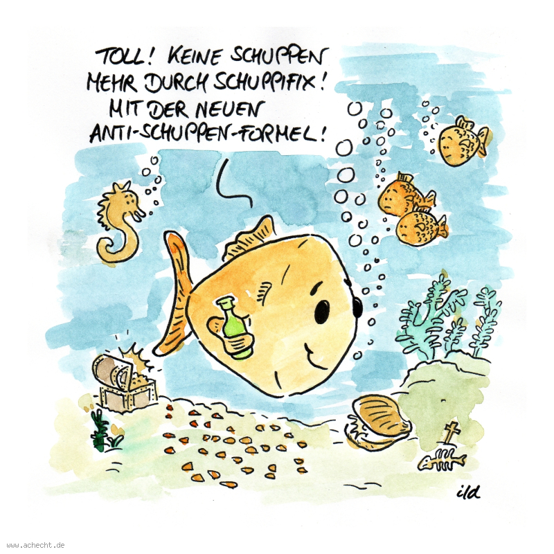Cartoon: Schuppifix: Schuppen, Shampoo, Waschen, entfernen, Haare, Haarwaschmittel, Werbung, Missverständnis, Fisch, Meer, Anti-Schuppen-Formel, Versprechen, Marketing