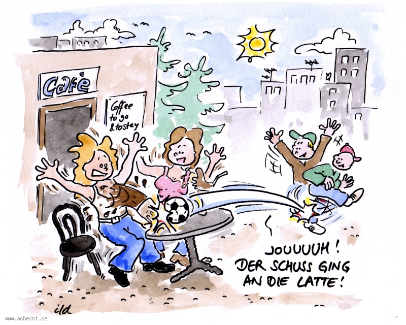 Cartoon: An die Latte: Latte, Macchiato, Café, Kneipe, Restaurant, Gastronomie, Schuss, Fußball, Junge, Kind, Frau, Gast, Unfall, Streich, Kaffee, Trinken, Nass, Begriff, Sprache, Missgeschick