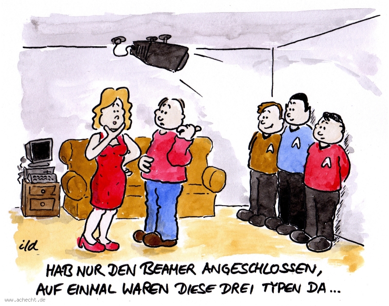 Cartoon: Beamer angeschlossen: Beamer, beamen, Star Trek, Raumschiff Enterprise, Space, All, Raum, Raumfahrer, Wohnzimmer, Unterhaltung, Elektronik, Technik, Kirk, Pille, Spock