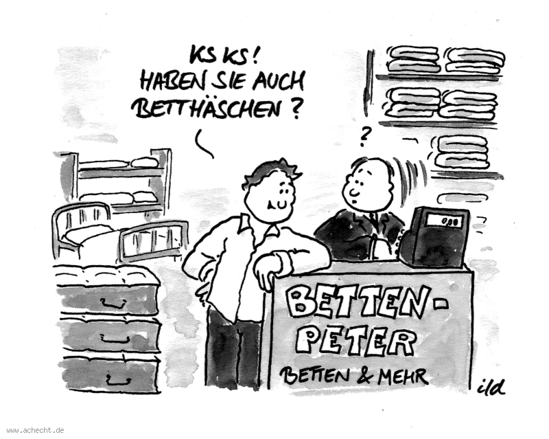 Cartoon: Betthäschen: Liebe, Bett, Betthäschen, Hase, Frau, Mann, Bettenhaus, Kauf, Matratze, Angebot Cartoon: Betthäschen: Liebe, Bett, Betthäschen, Hase, Frau, Mann, Bettenhaus, Kauf, Matratze, Angebot