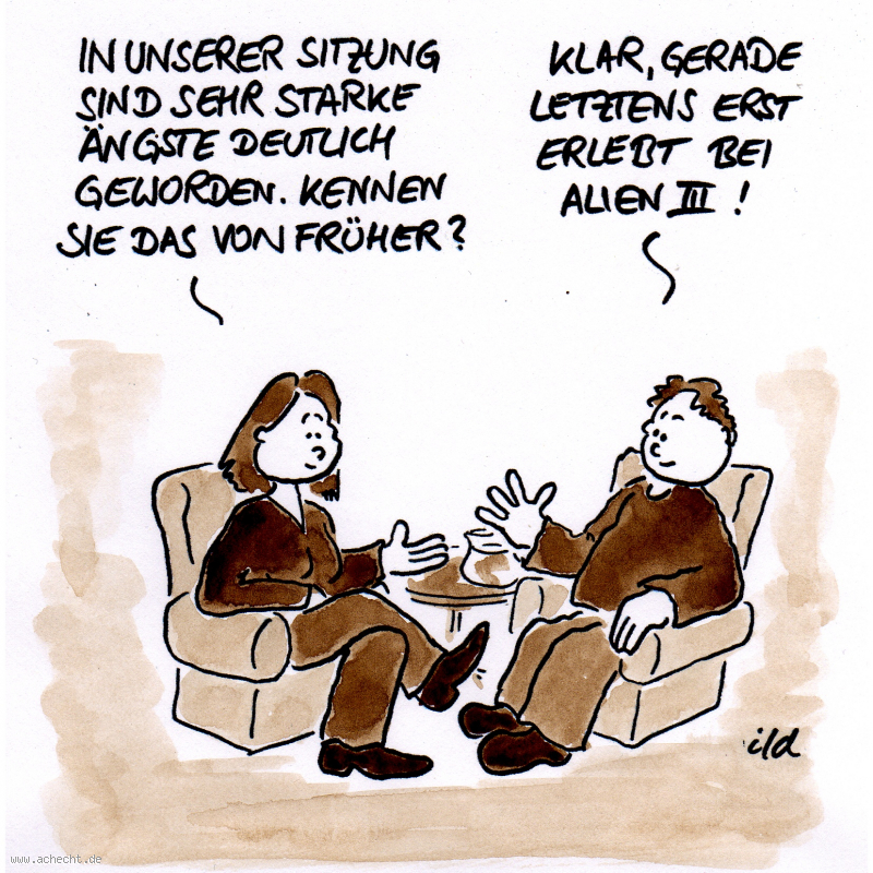 Cartoon: Gefühle von früher: Gefühl, Angst, Therapie, Psychotherapie, Psychologie, Sitzung, Therapeut, Klient, Patient, Emotionen, Missverständnis, Kindheit, Fernsehen, Missverständnis, Verständnis, Erinnerung, Alien