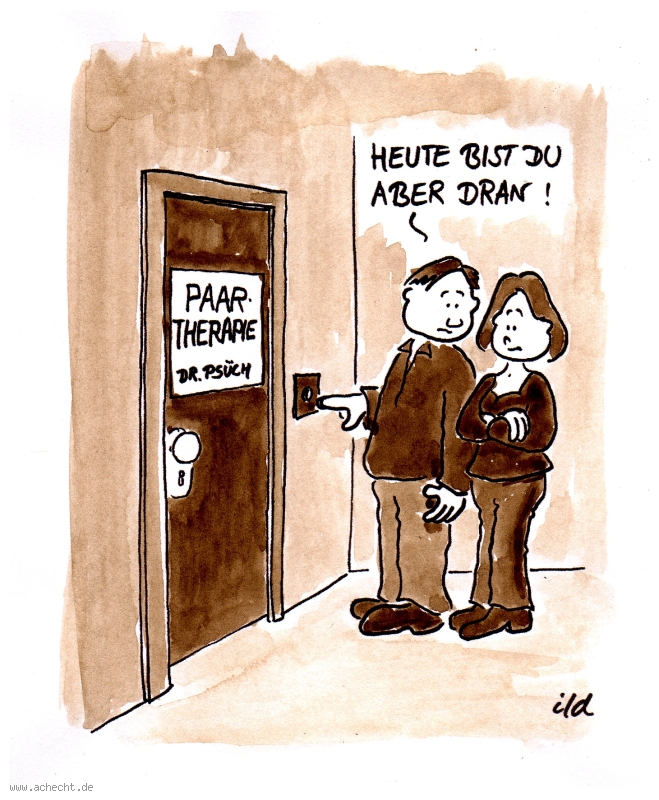 Cartoon: Heute bist Du dran: Therapie, Psychotherapie, Paar, Beziehung, Liebe, Therapeut, Problem, Klient, Patient