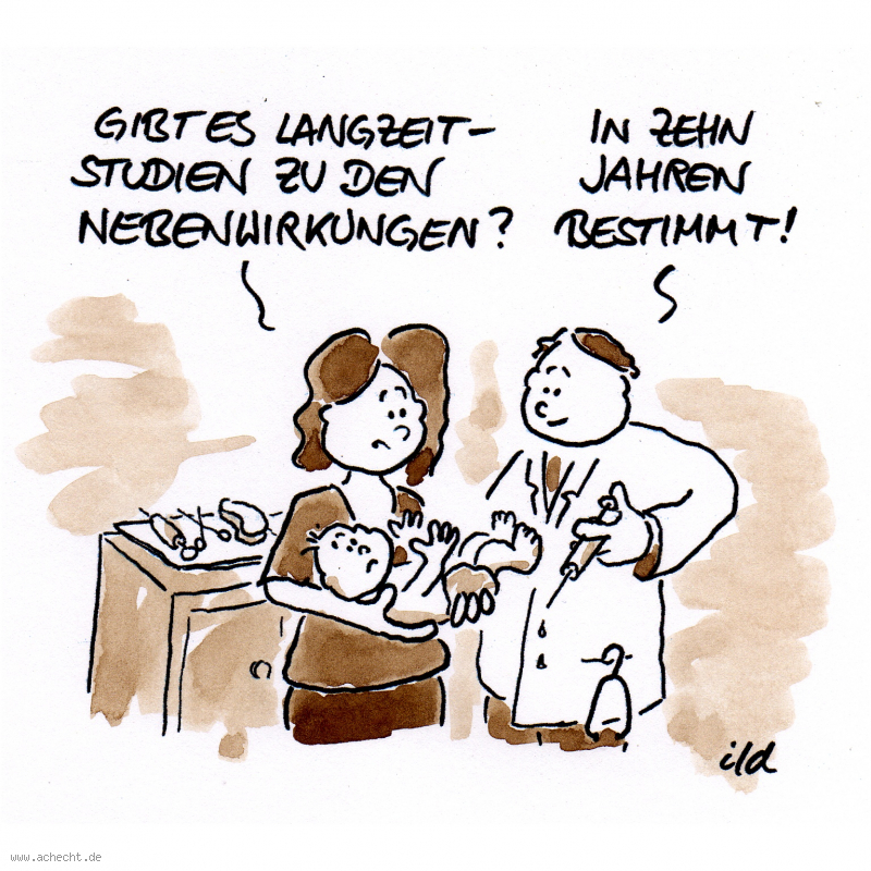 Cartoon: Langzeitstudien zu Nebenwirkungen: Studie, Langzeitstudie, Nebenwirkung, Impfung, impfen, Schweinegrippe, Grippe, Wirkung, Ursache, Forschung, Wissenschaft, Gesundheit,  Medizin, Spritze, Arzt, Aufklärung