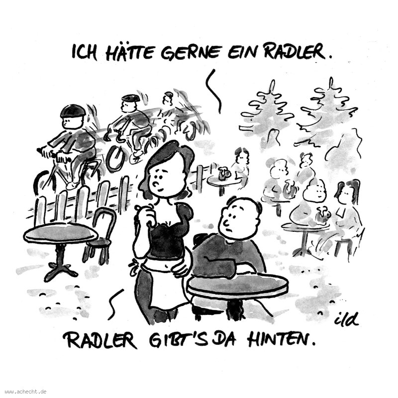 Cartoon: Radler - Radler, Café, Restaurant, Gastronomie, Gast, Kneipe, Biergarten, Missverständnis, Fahrrad, Bestellung, Bier