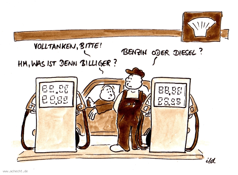 Cartoon: Volltanken - Tankstelle, Tank, Tanken, Benzin, Öl, Diesel, Auto, Schnäppchen, billig, Geiz, Preis, Verhandlung